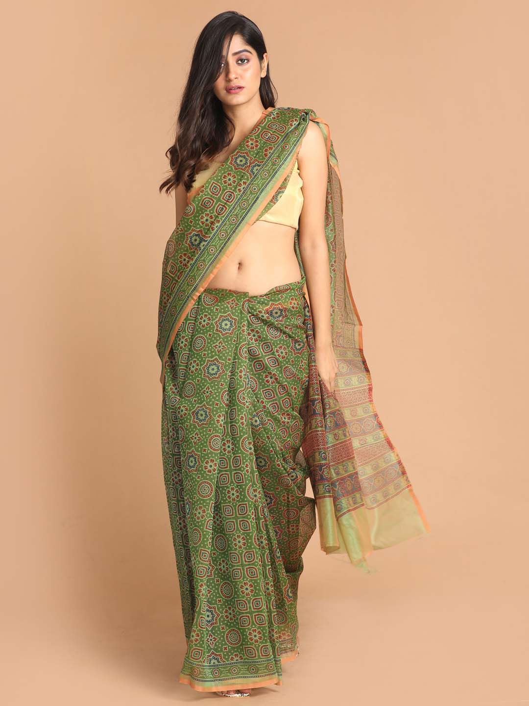 Indethnic Printed Super Net Saree in Green - View 1