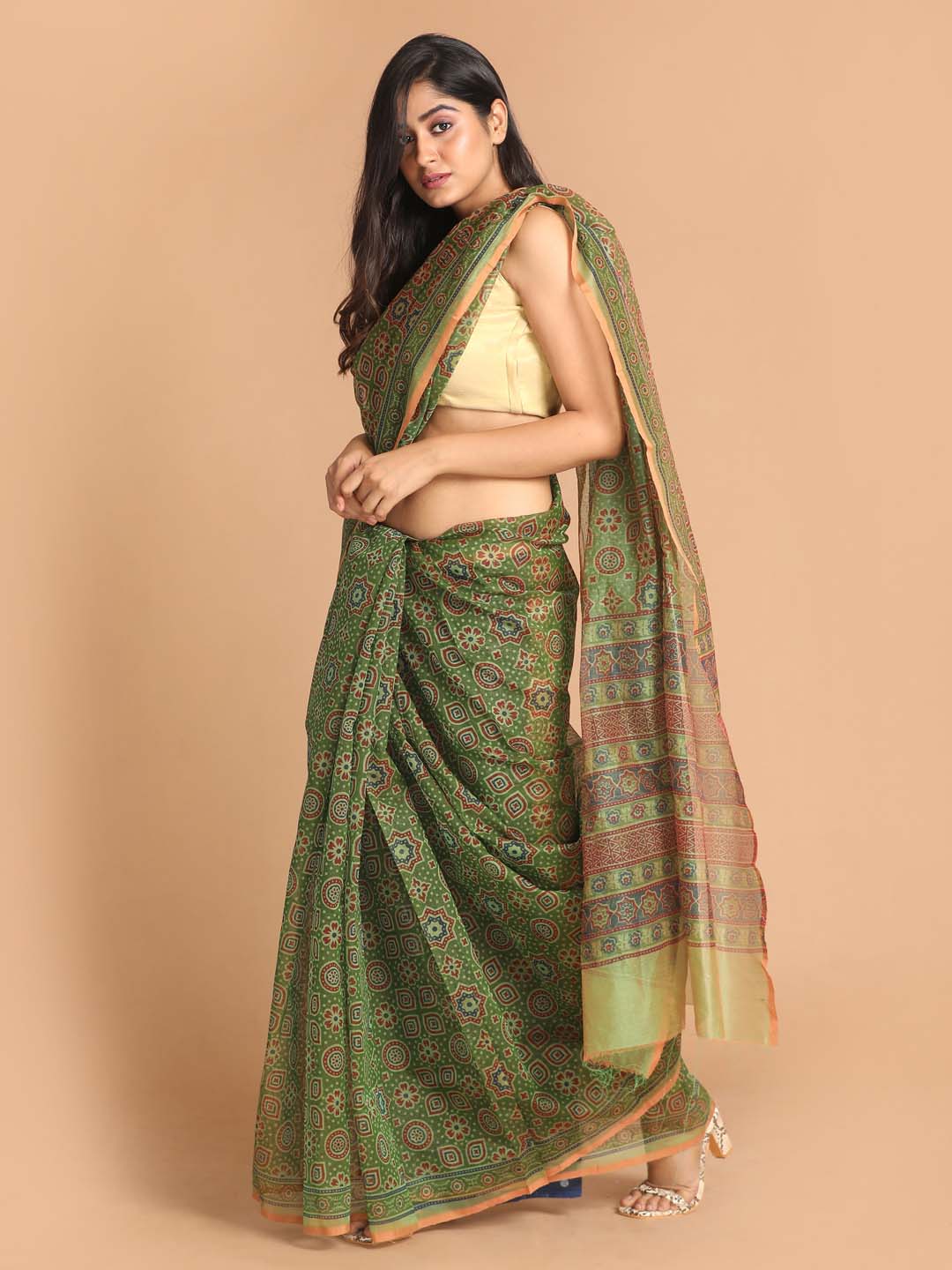 Indethnic Printed Super Net Saree in Green - View 2