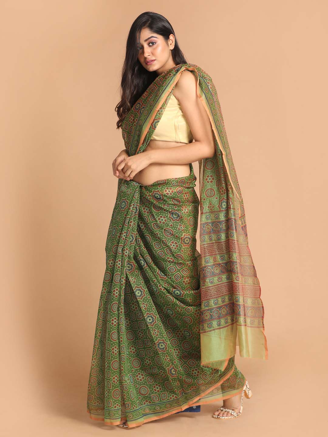 Indethnic Printed Super Net Saree in Green - View 1