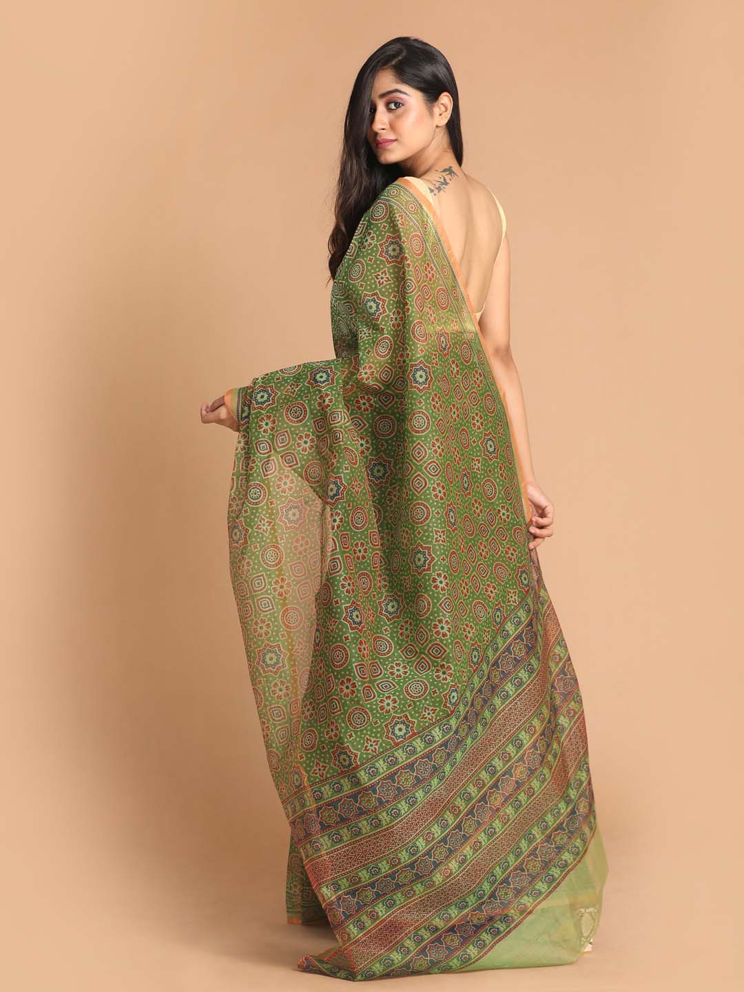 Indethnic Printed Super Net Saree in Green - View 3