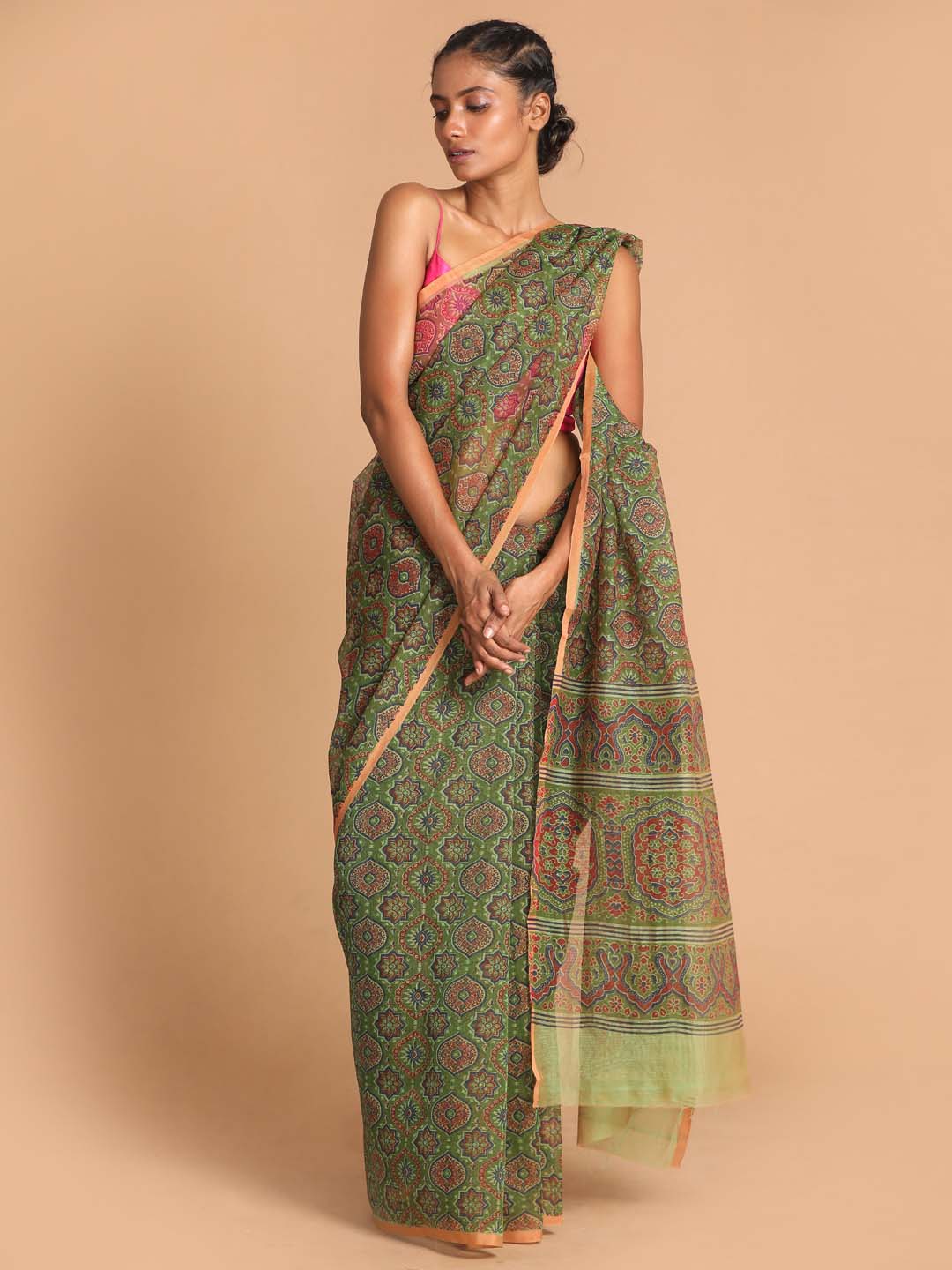 Indethnic Printed Cotton Blend Saree in Green - View 1