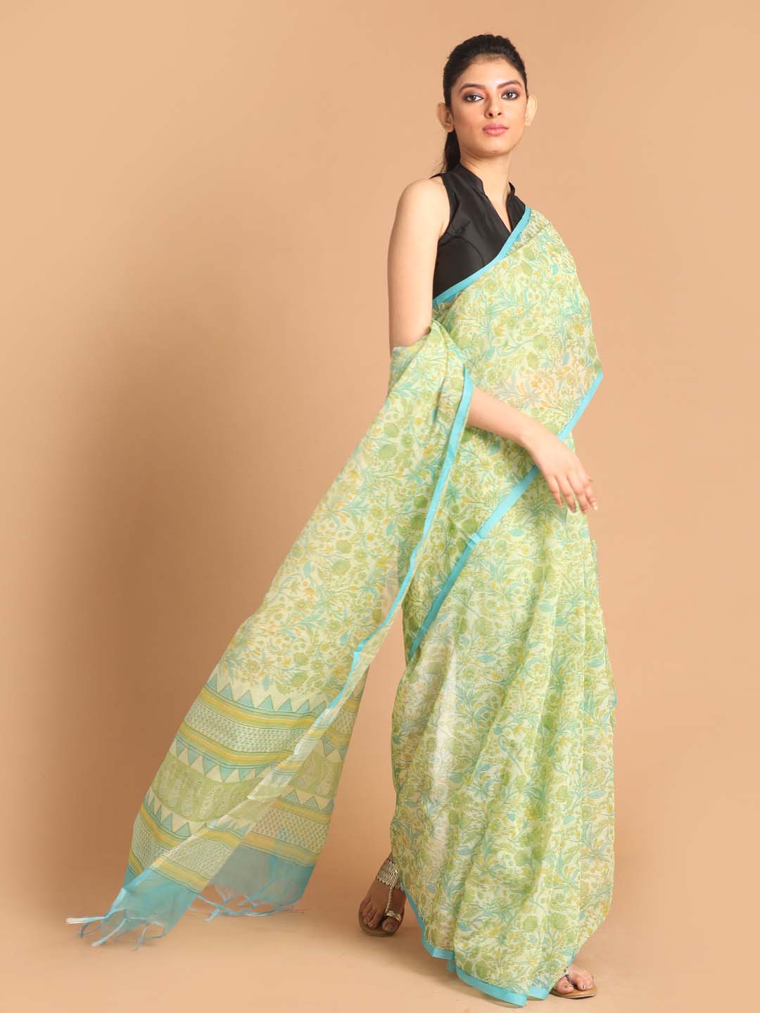 Indethnic Printed Super Net Saree in Green - View 1