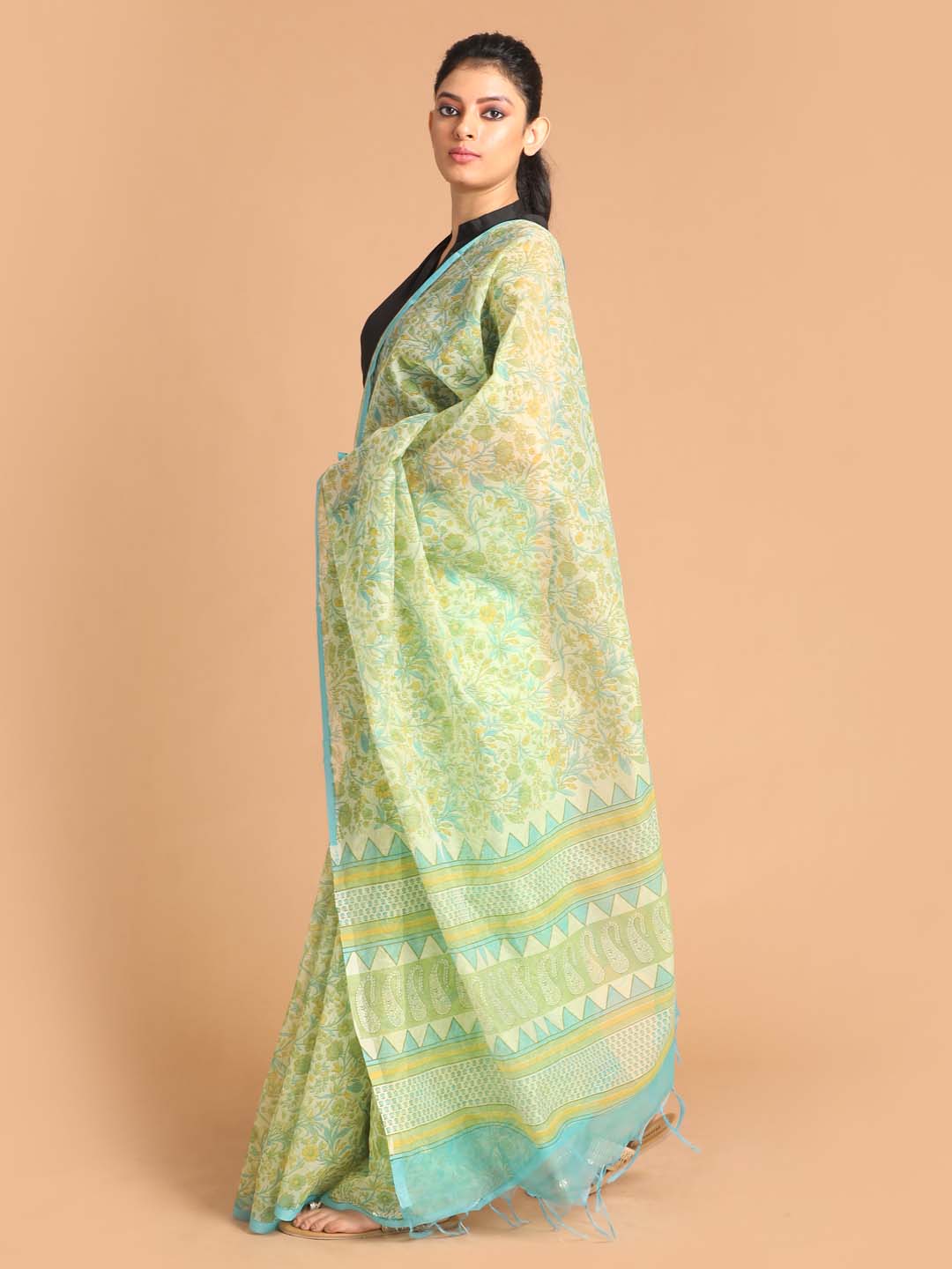 Indethnic Printed Super Net Saree in Green - View 2