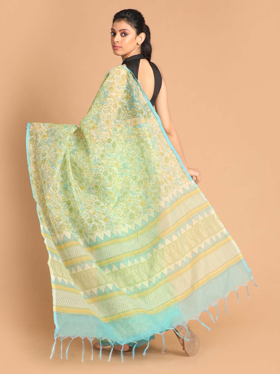 Indethnic Printed Super Net Saree in Green - View 3