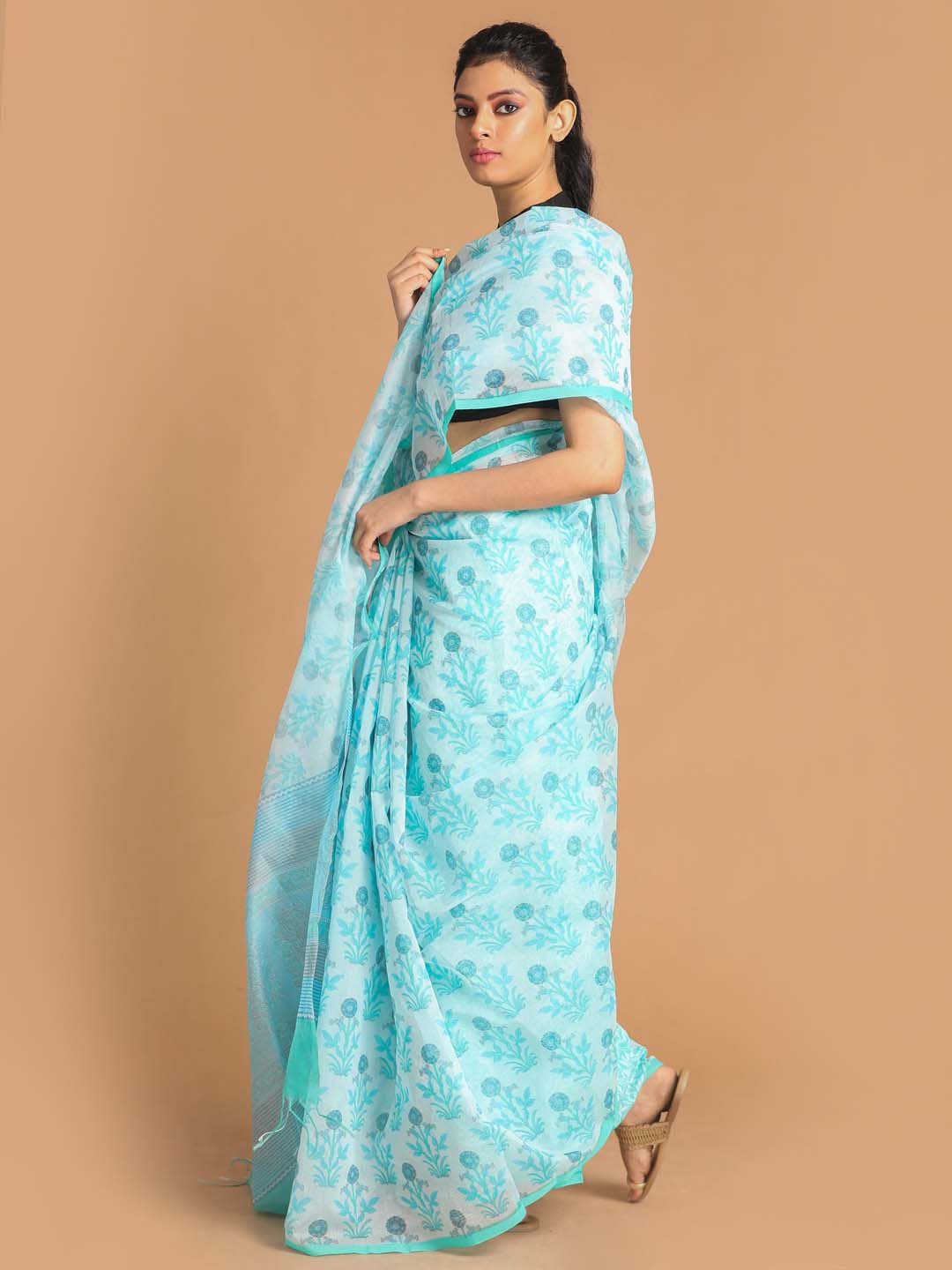 Indethnic Printed Super Net Saree in Green - View 1