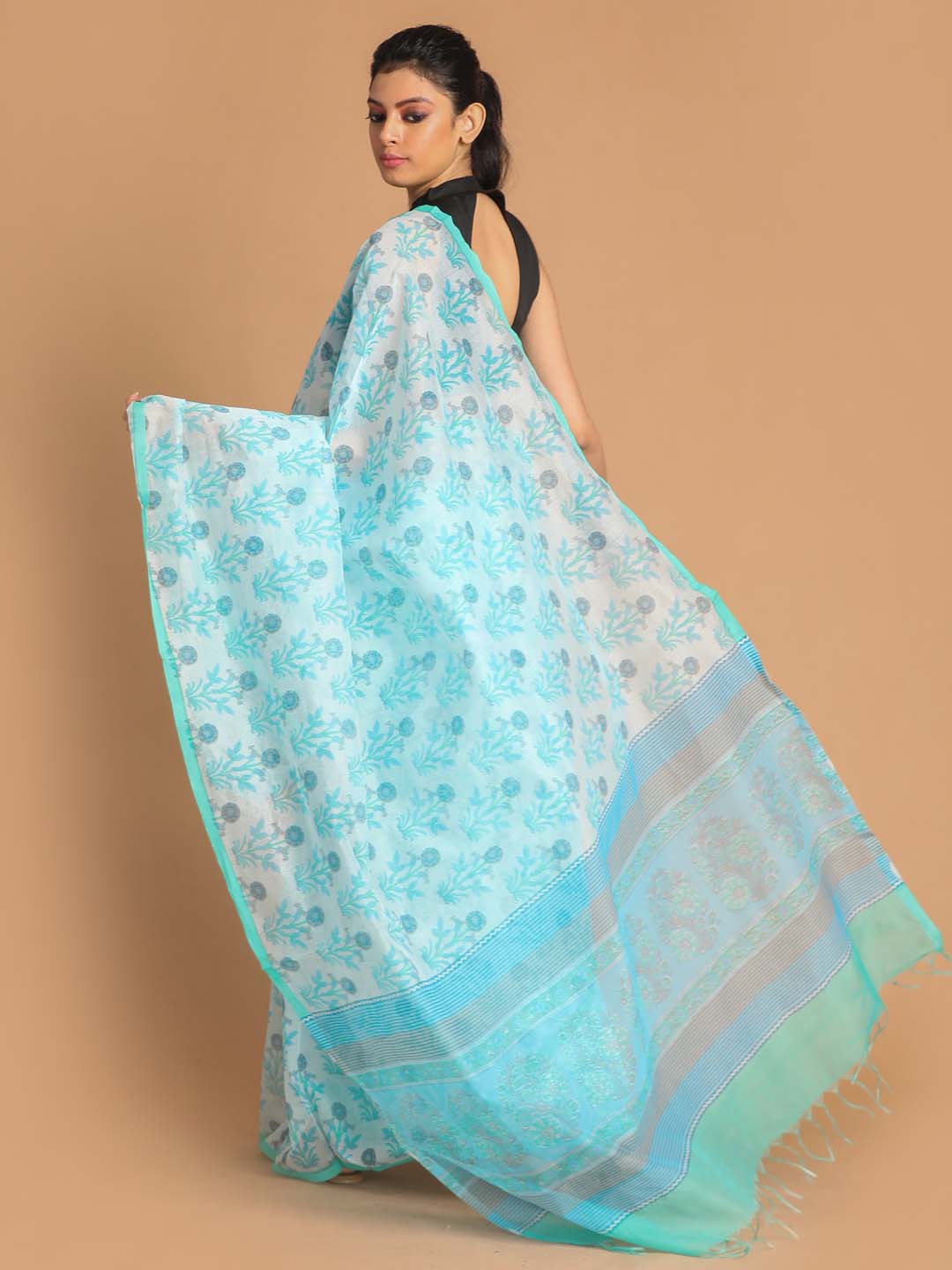 Indethnic Printed Super Net Saree in Green - View 3