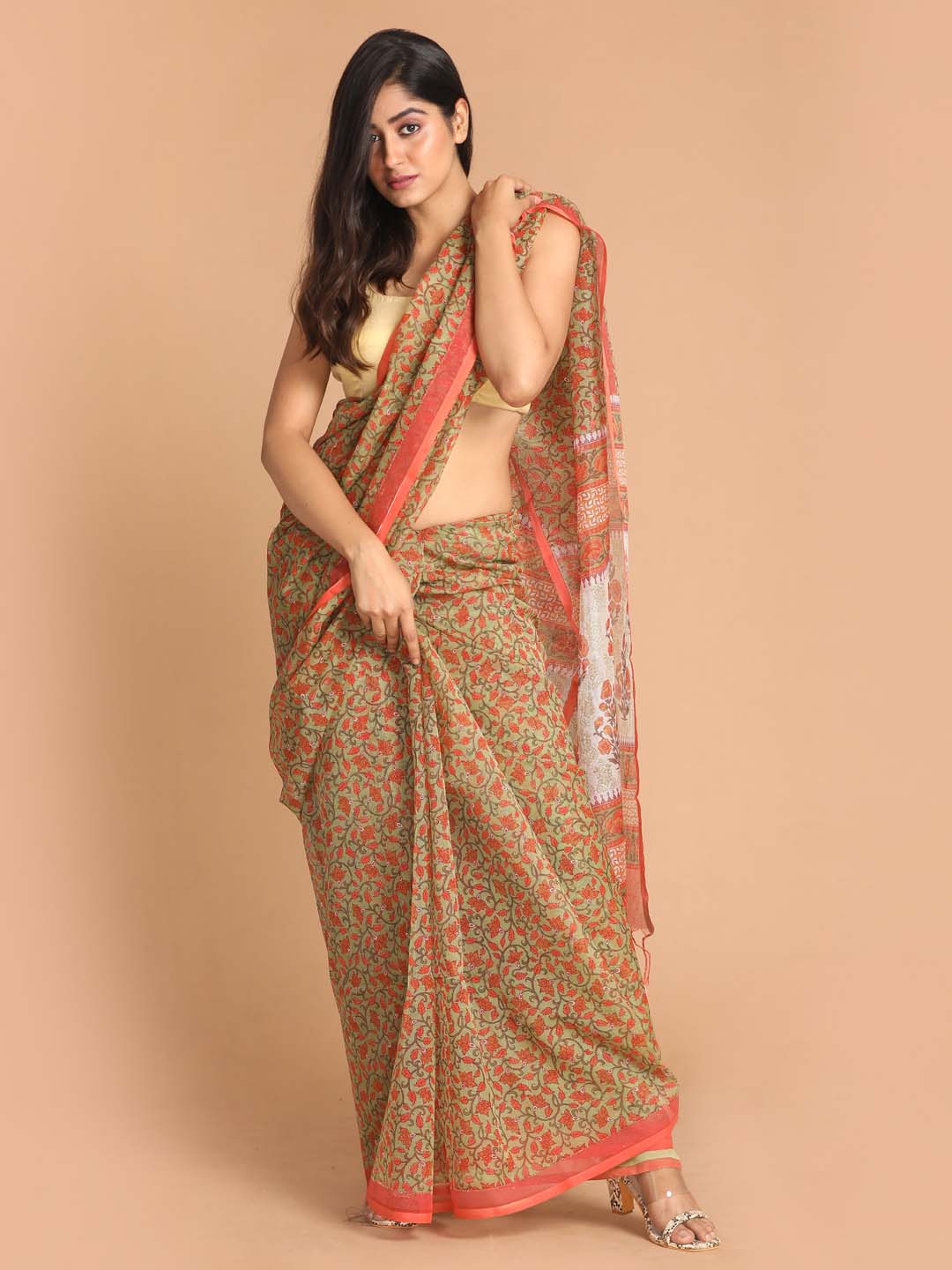 Indethnic Printed Super Net Saree in Green - View 1