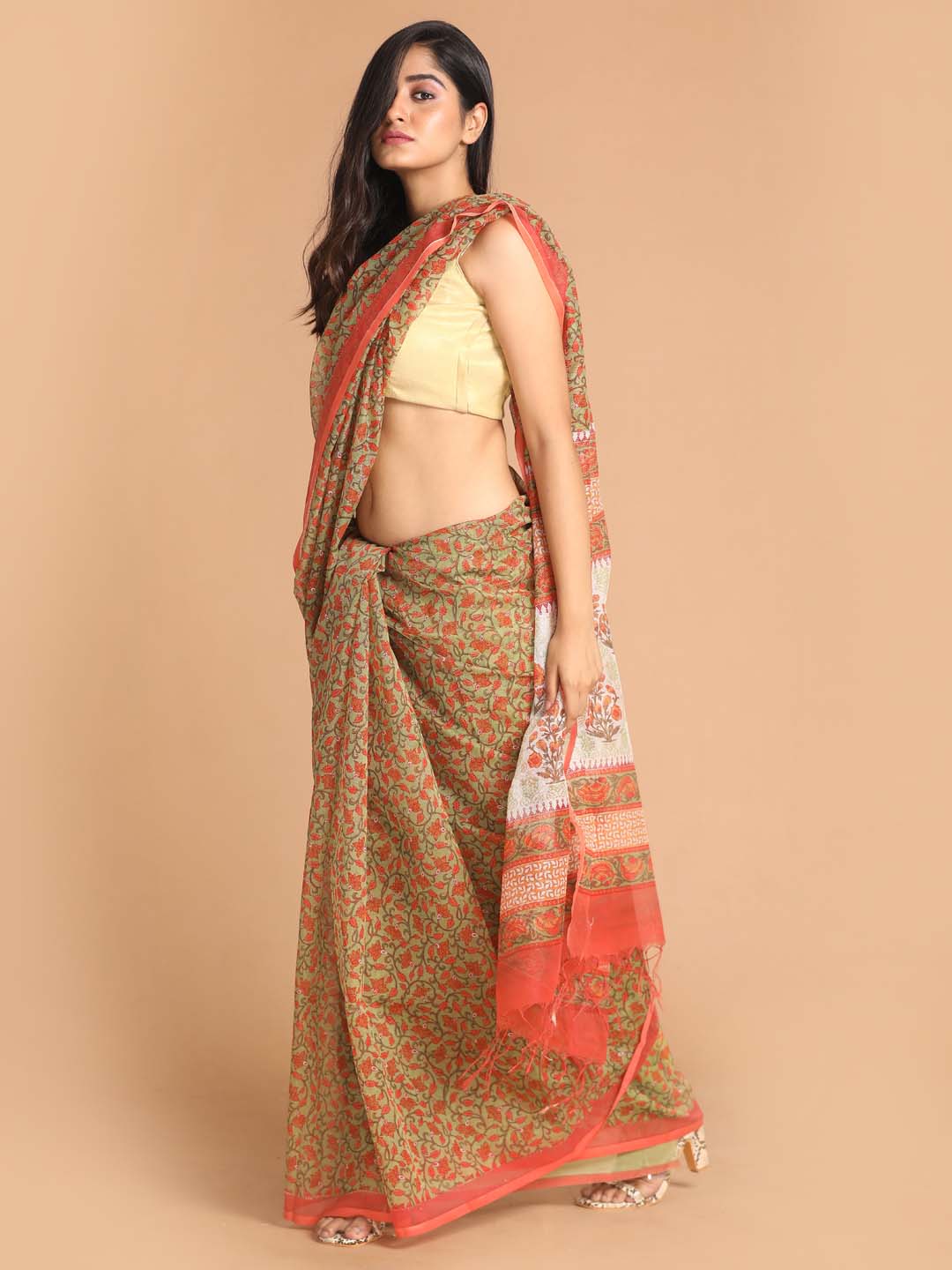 Indethnic Printed Super Net Saree in Green - View 2