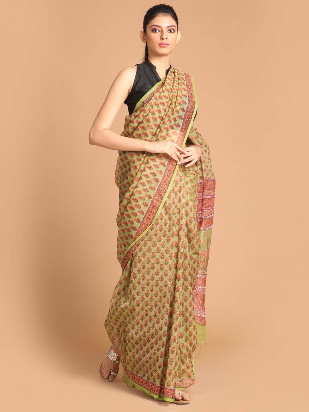 Indethnic Printed Super Net Saree in Green - View 1