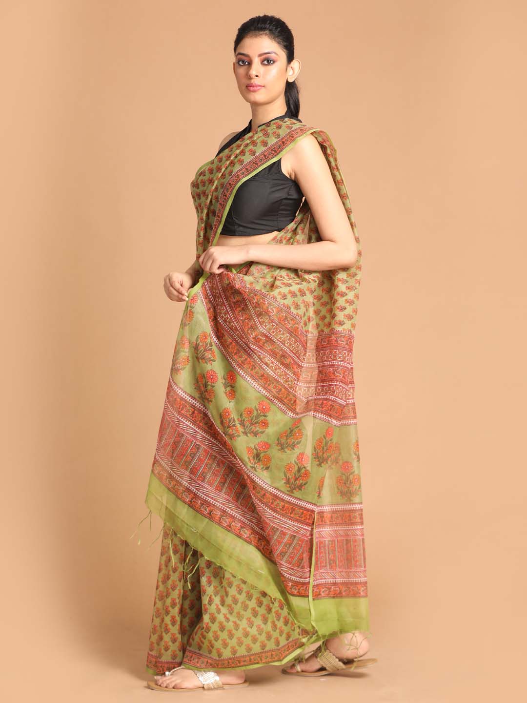 Indethnic Printed Super Net Saree in Green - View 2