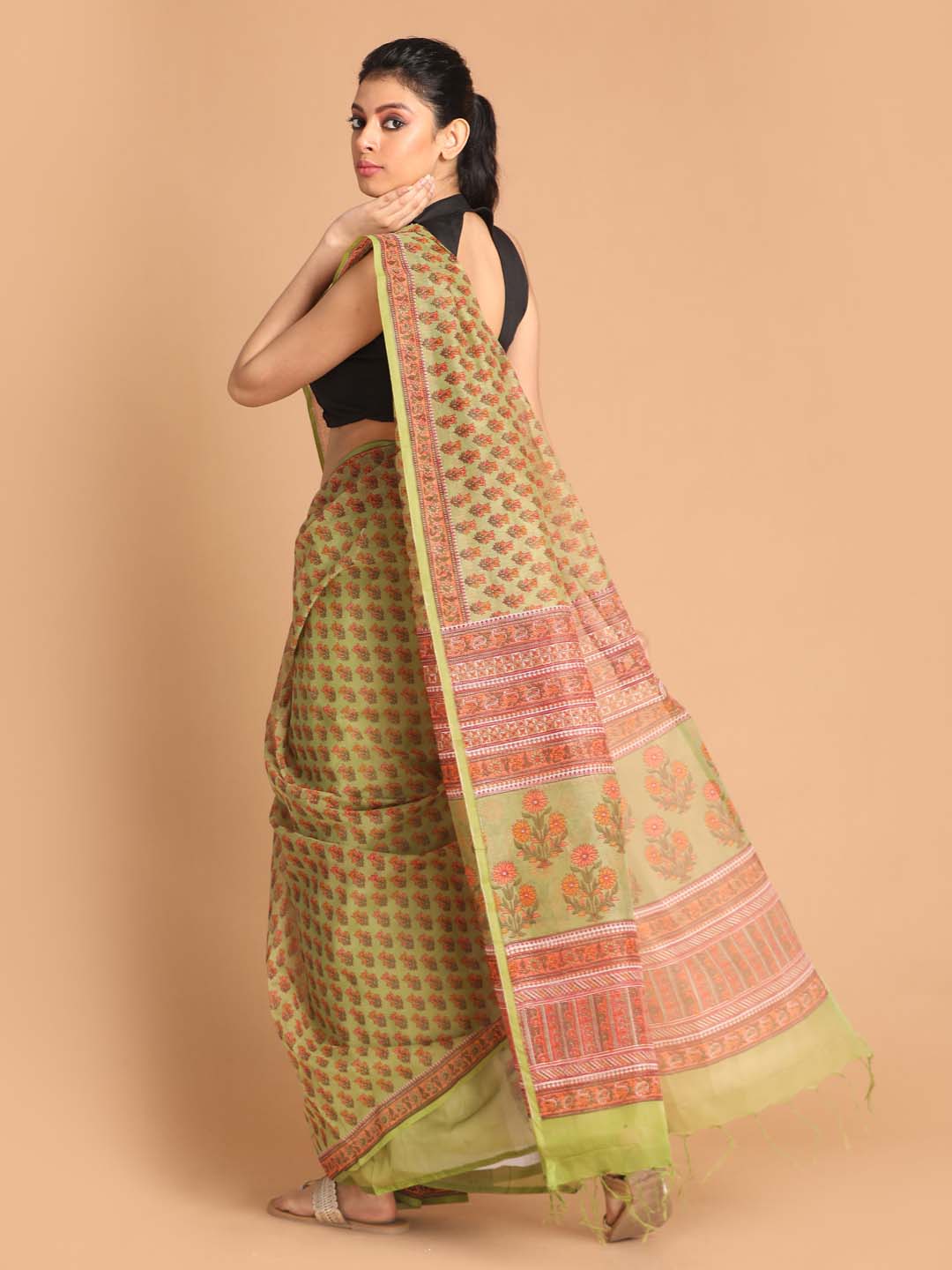 Indethnic Printed Super Net Saree in Green - View 3