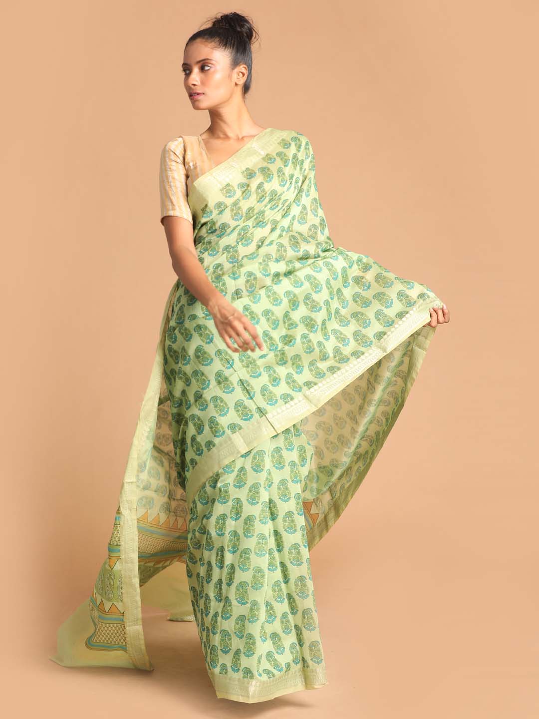 Indethnic Printed Cotton Blend Saree in Green - View 1