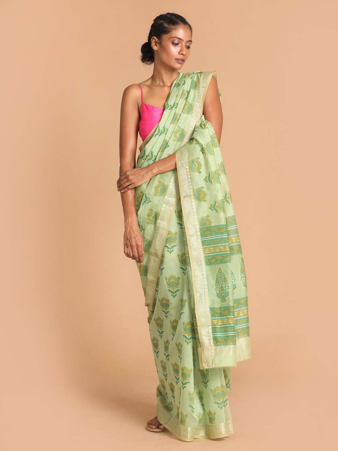 Indethnic Printed Cotton Blend Saree in Green - View 1