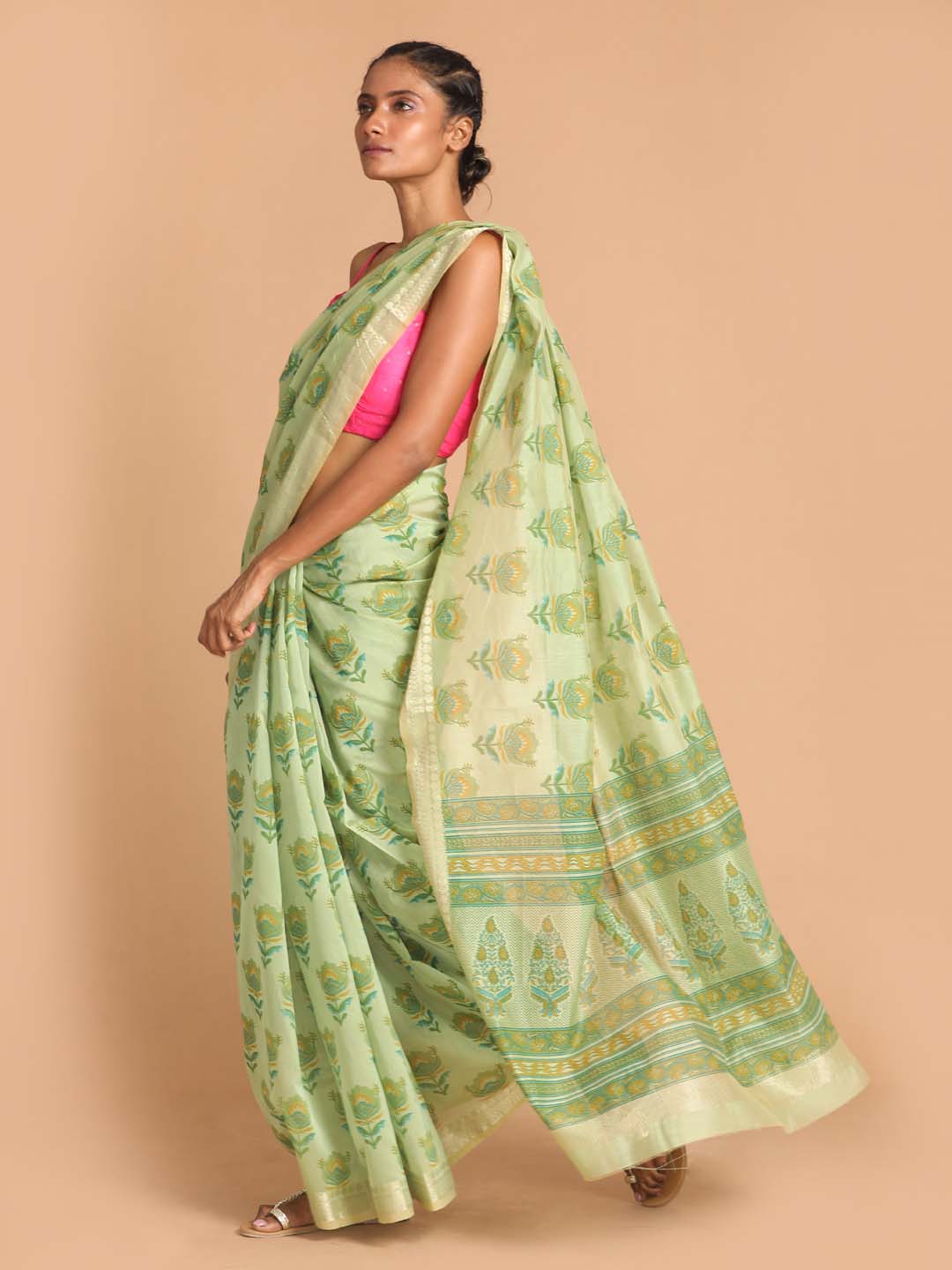 Indethnic Printed Cotton Blend Saree in Green - View 2