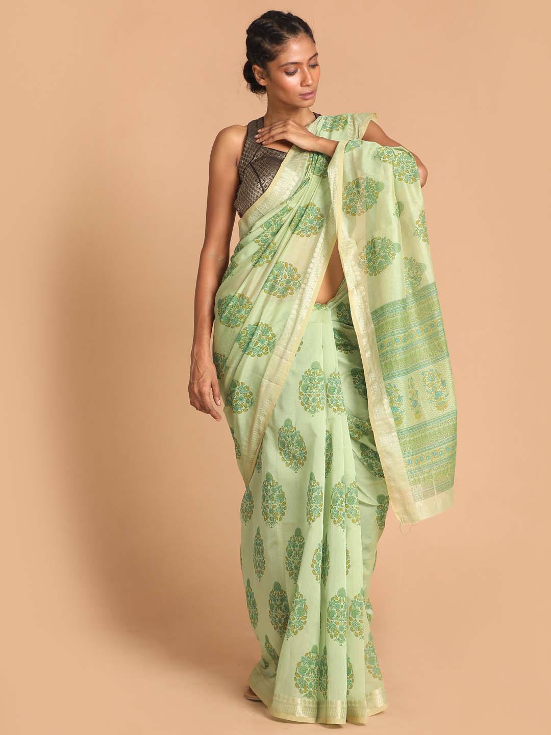 Indethnic Printed Cotton Blend Saree in Green - View 1