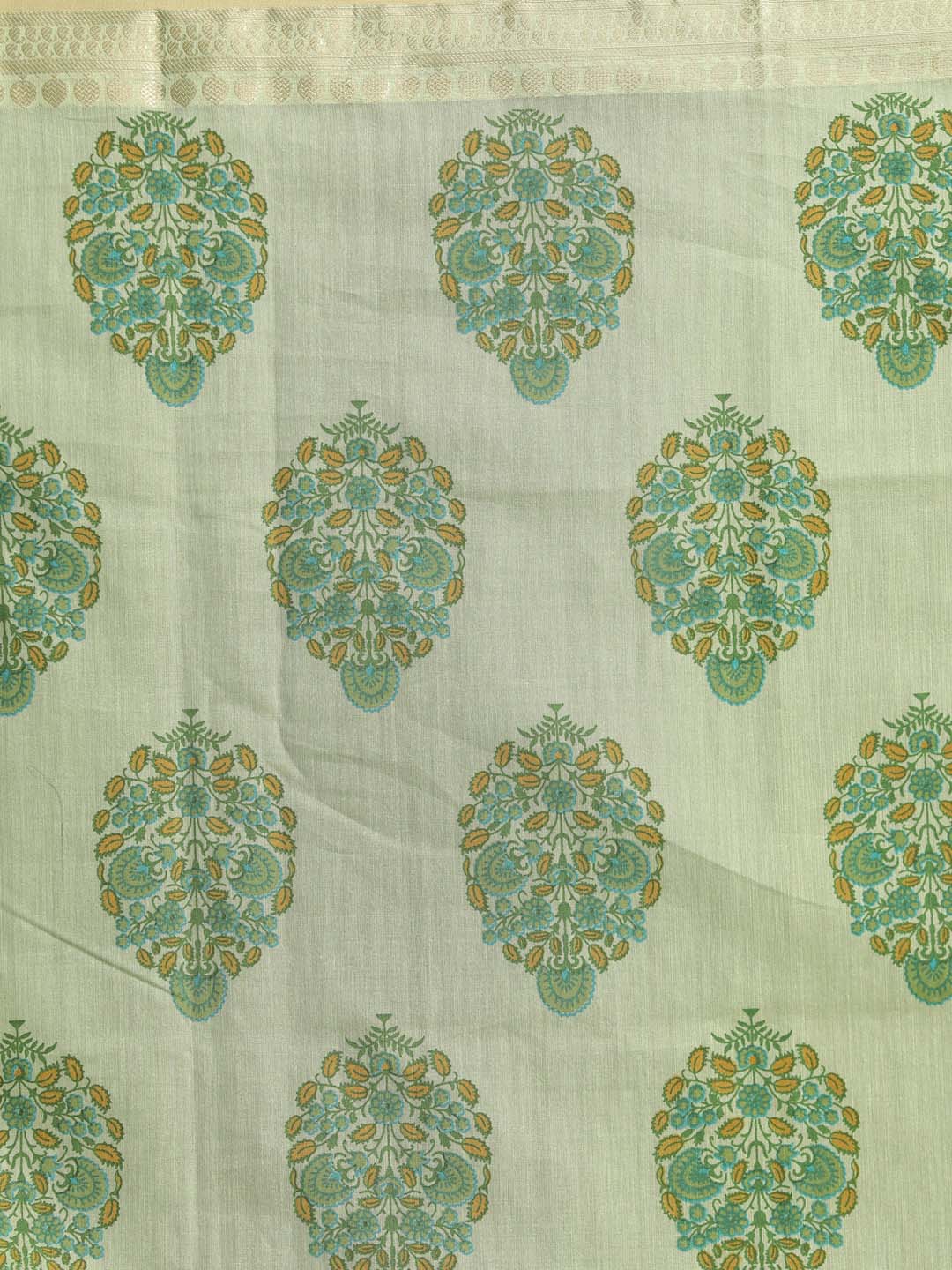 Indethnic Printed Cotton Blend Saree in Green - Saree Detail View