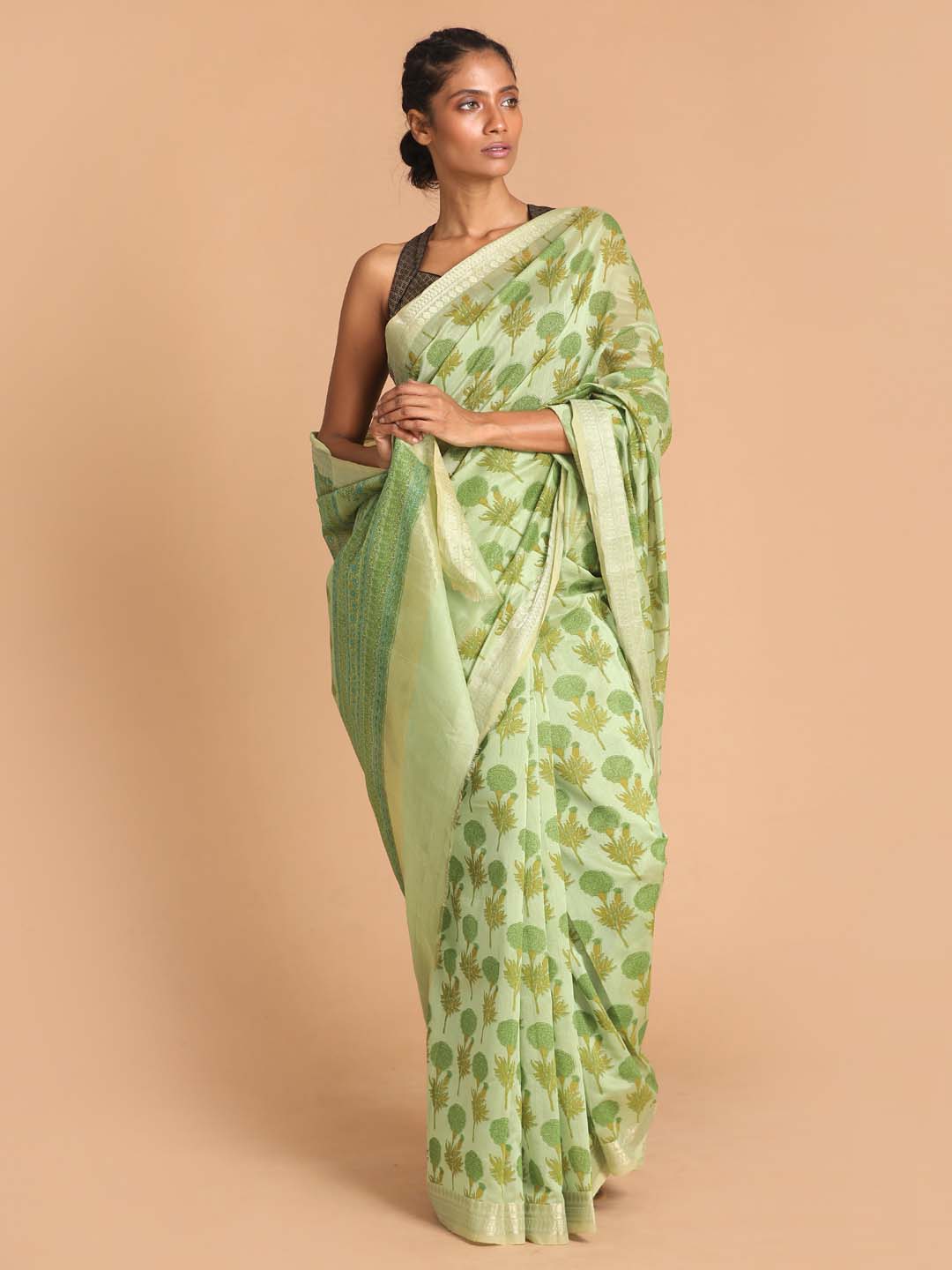 Indethnic Printed Cotton Blend Saree in Green - View 1