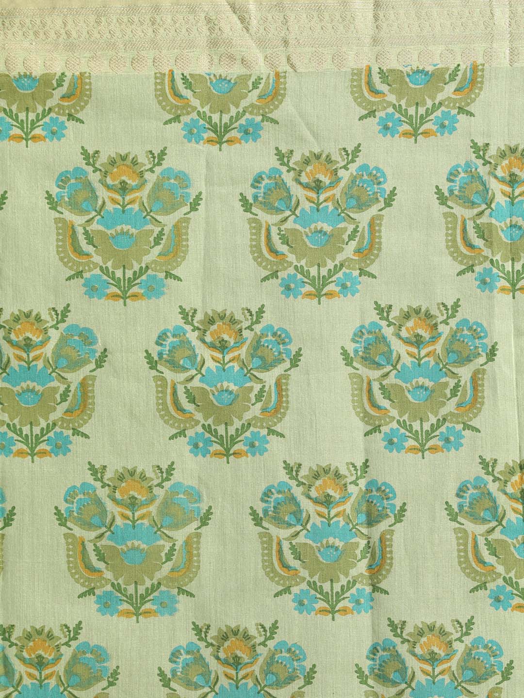 Indethnic Printed Cotton Blend Saree in Green - Saree Detail View