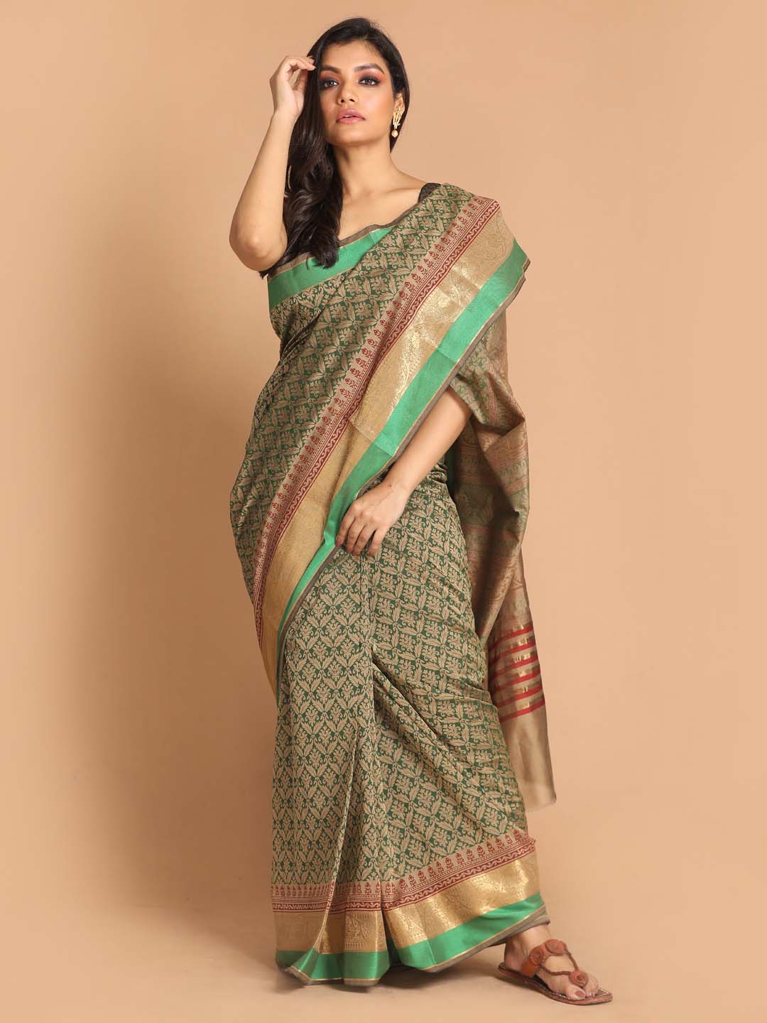 Indethnic Printed Cotton Blend Saree in Green - View 1