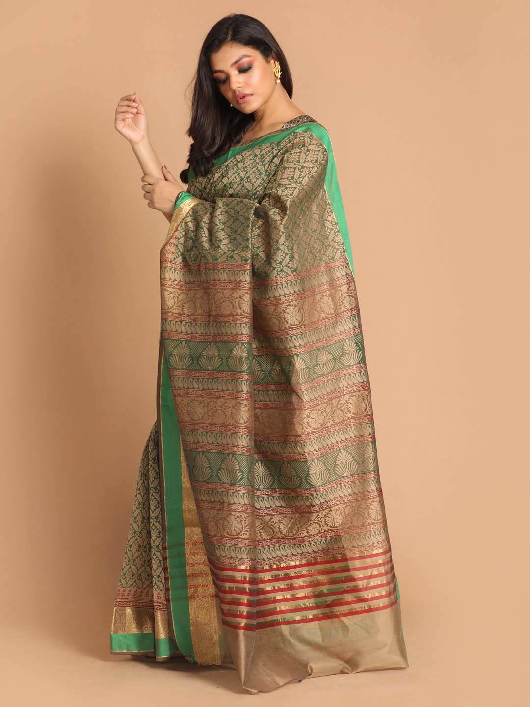 Indethnic Printed Cotton Blend Saree in Green - View 2