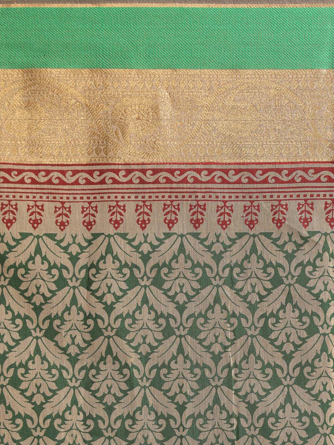 Indethnic Printed Cotton Blend Saree in Green - Saree Detail View