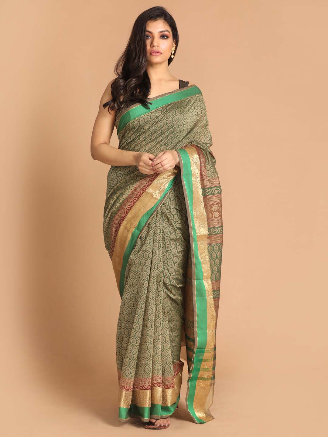 Indethnic Printed Cotton Blend Saree in Green - View 1