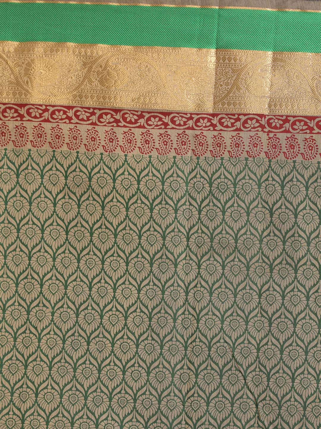 Indethnic Printed Cotton Blend Saree in Green - Saree Detail View