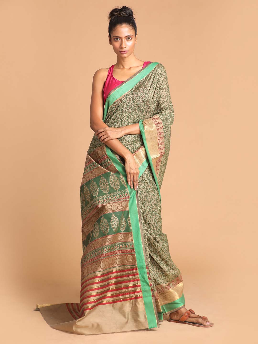 Indethnic Printed Cotton Blend Saree in Green - View 2