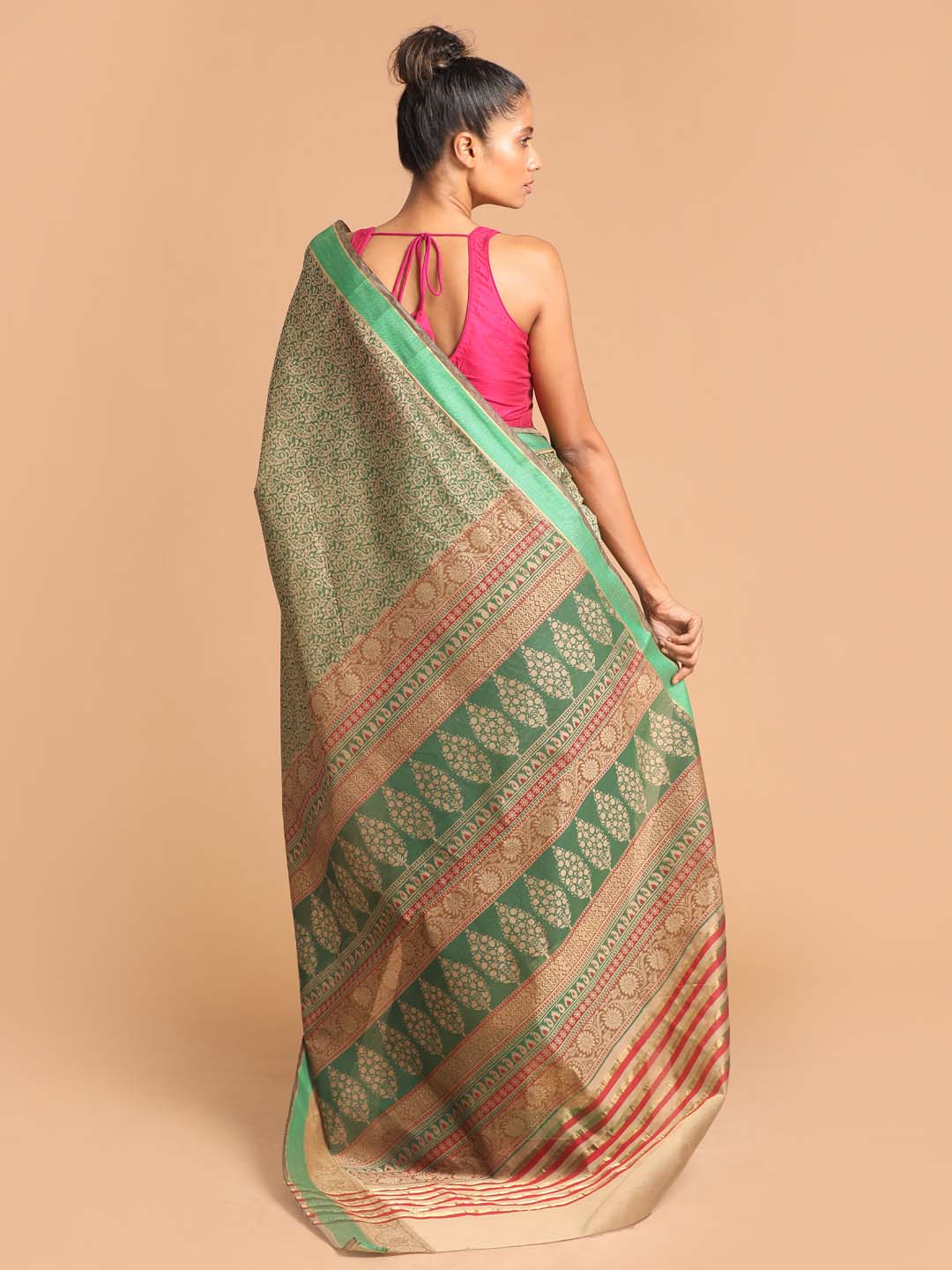 Indethnic Printed Cotton Blend Saree in Green - View 3