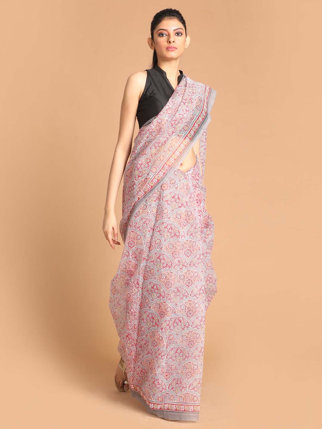 Indethnic Printed Super Net Saree in Grey - View 1