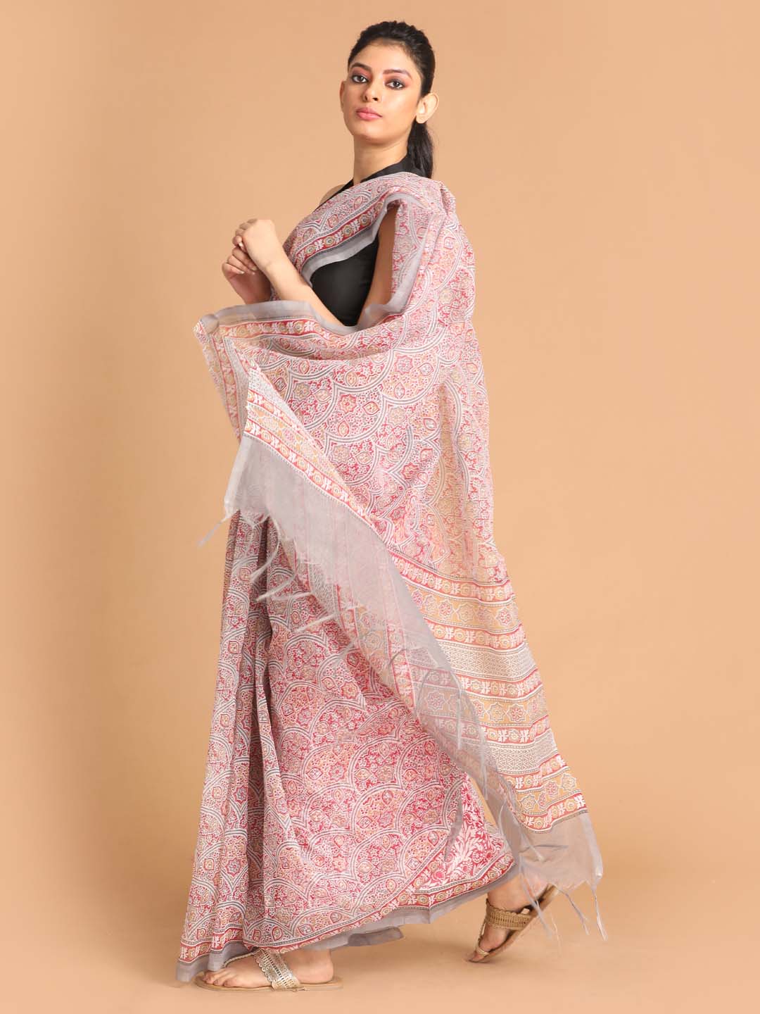 Indethnic Printed Super Net Saree in Grey - View 2