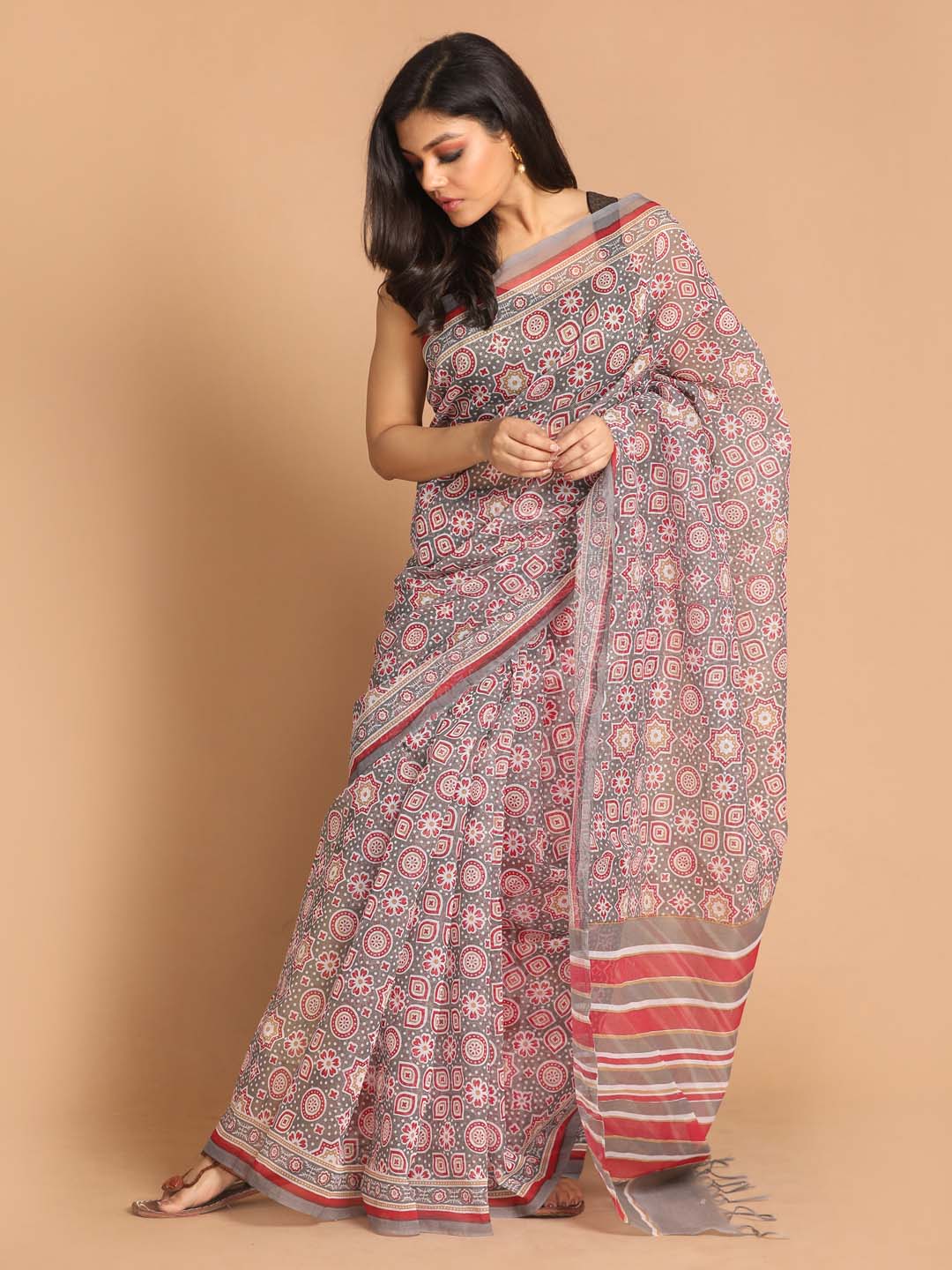 Indethnic Printed Super Net Saree in Grey - View 2