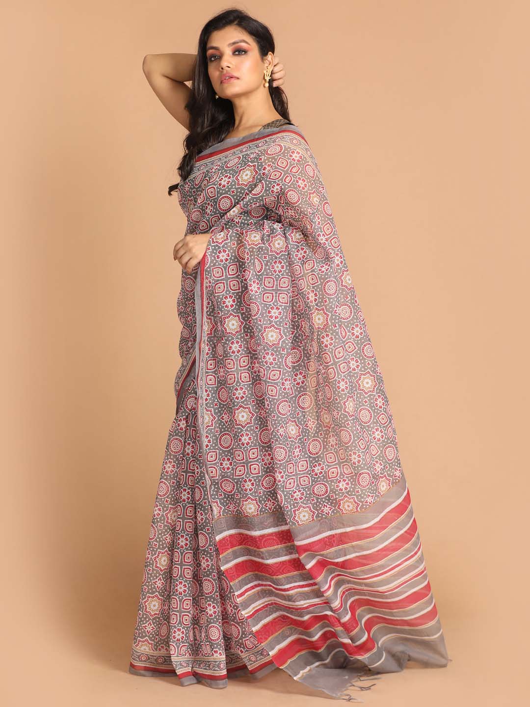 Indethnic Printed Super Net Saree in Grey - View 1