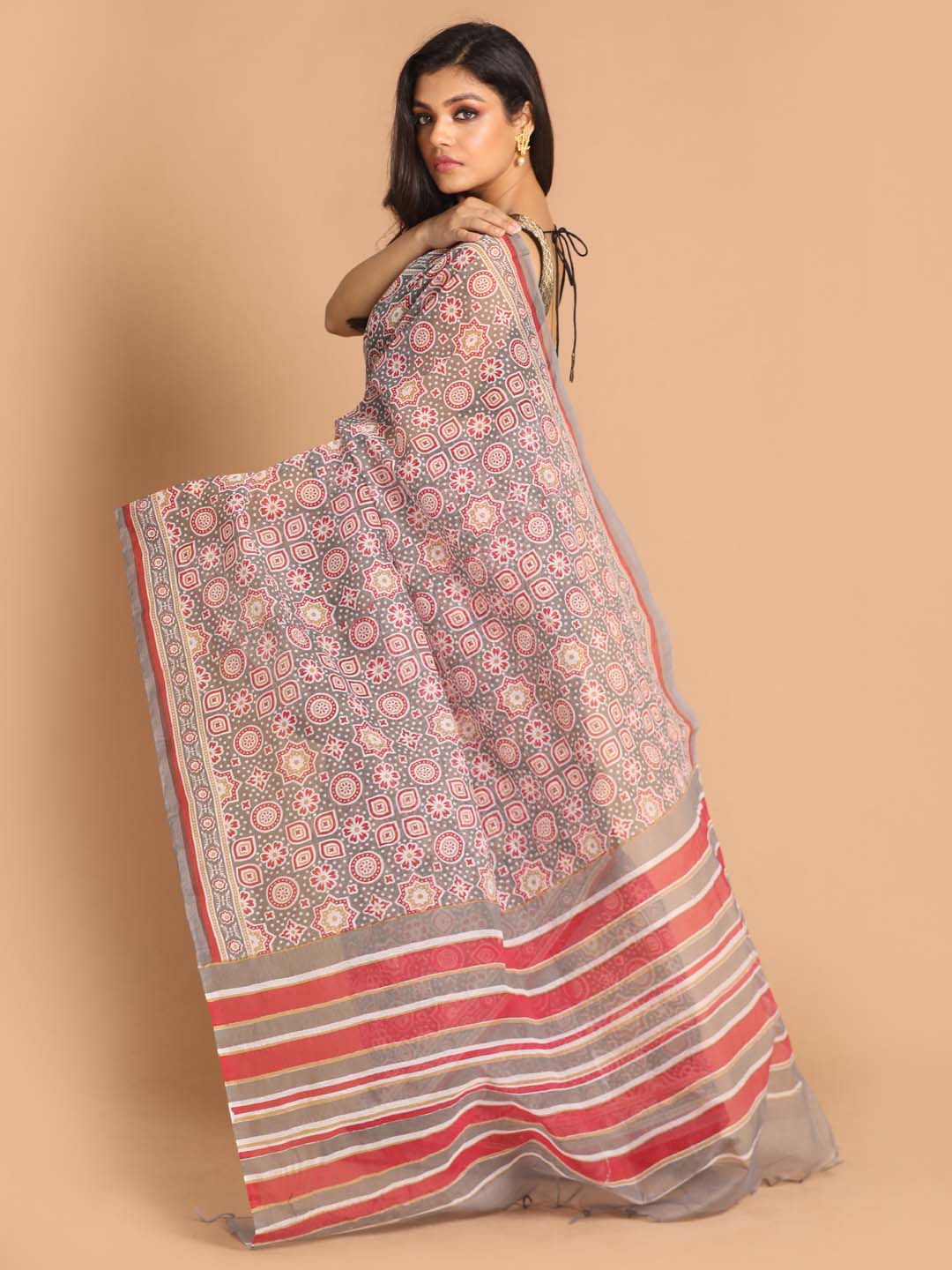 Indethnic Printed Super Net Saree in Grey - View 3