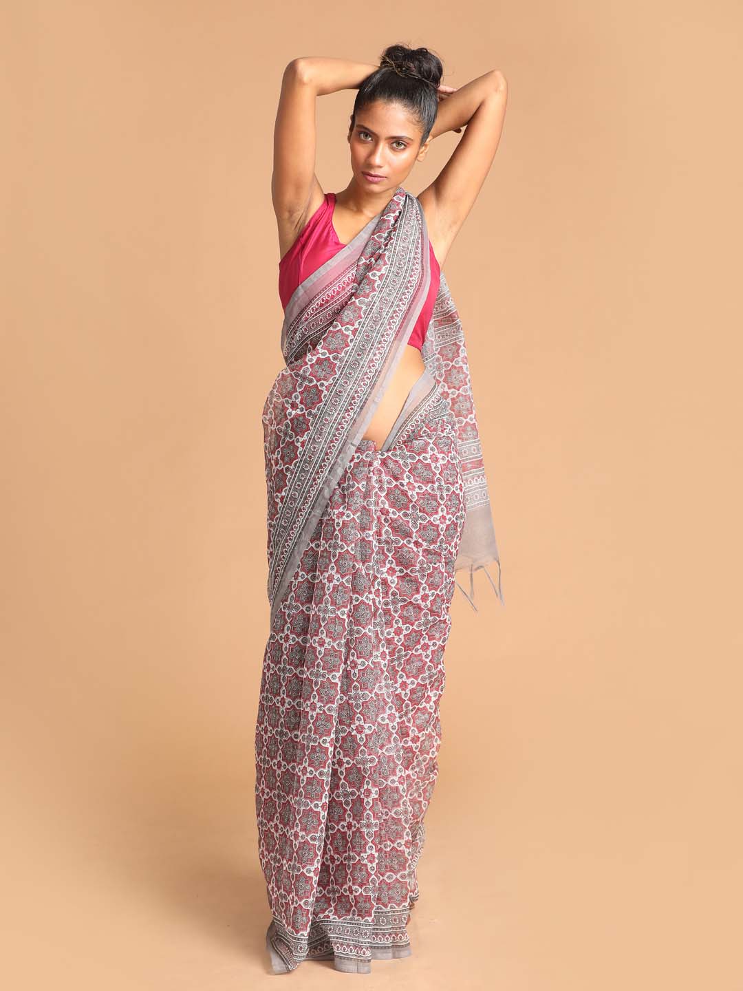 Indethnic Printed Super Net Saree in Grey - View 1