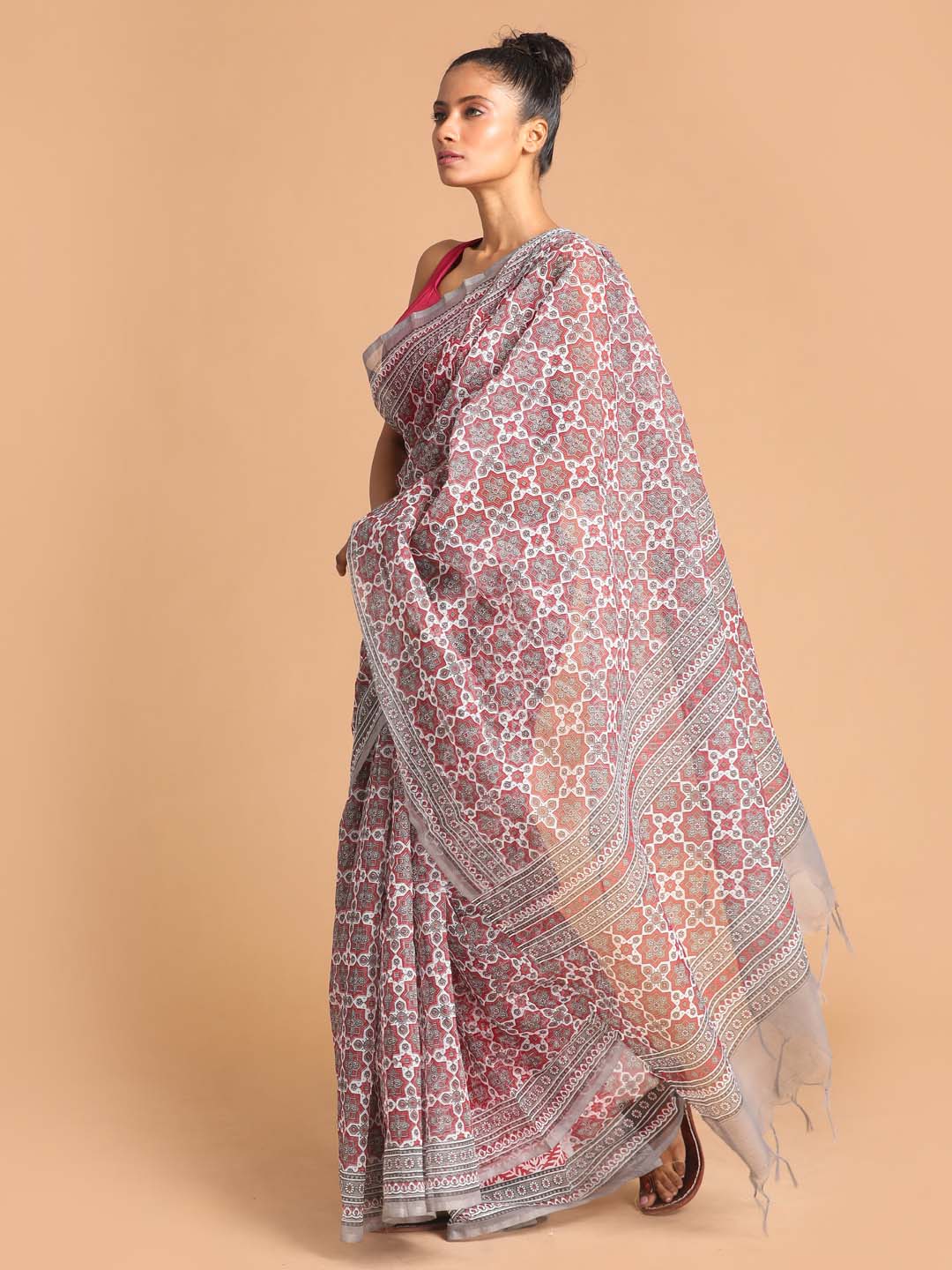 Indethnic Printed Super Net Saree in Grey - View 2