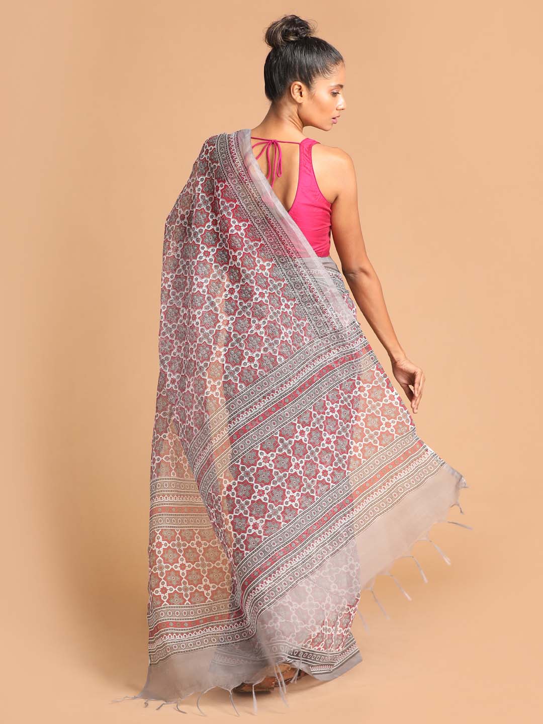 Indethnic Printed Super Net Saree in Grey - View 3