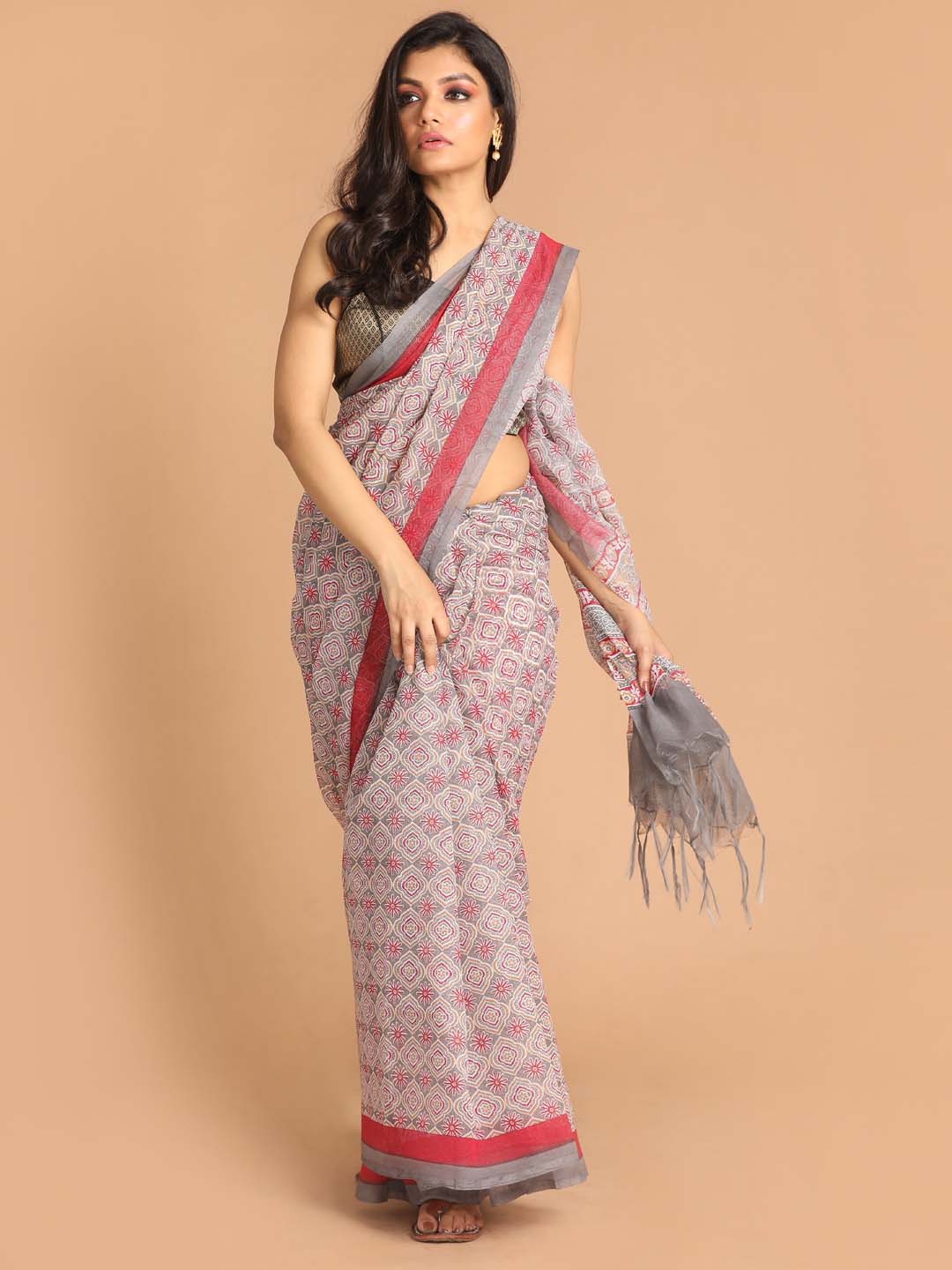 Indethnic Printed Super Net Saree in Grey - View 1