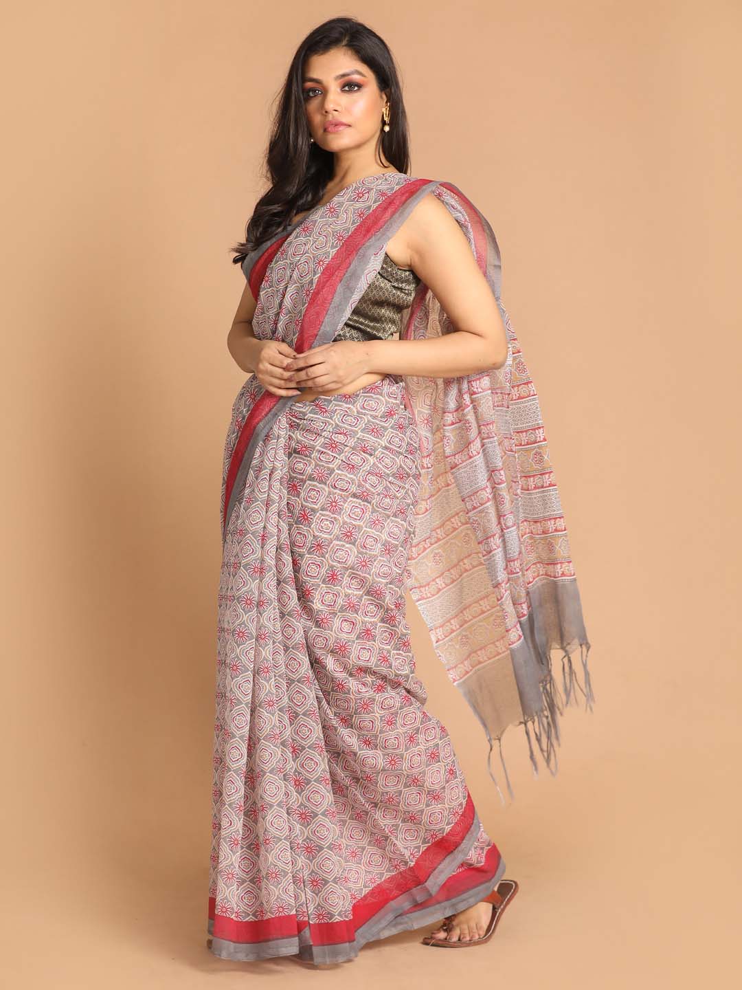 Indethnic Printed Super Net Saree in Grey - View 2