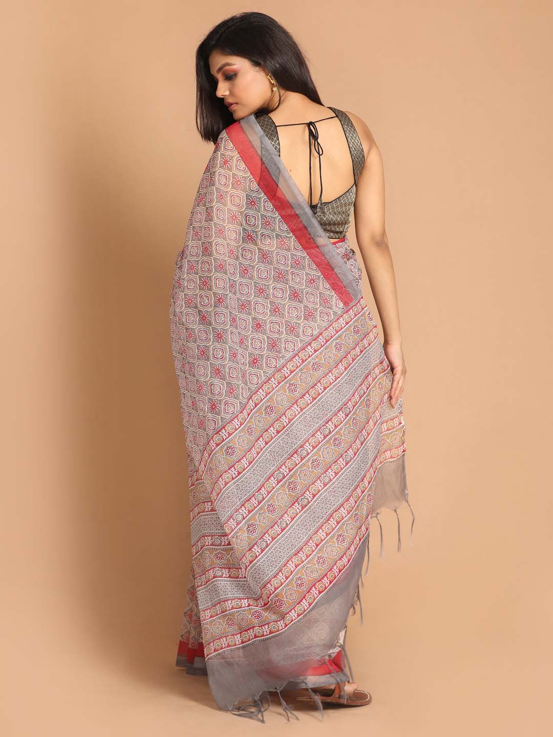 Indethnic Printed Super Net Saree in Grey - View 3