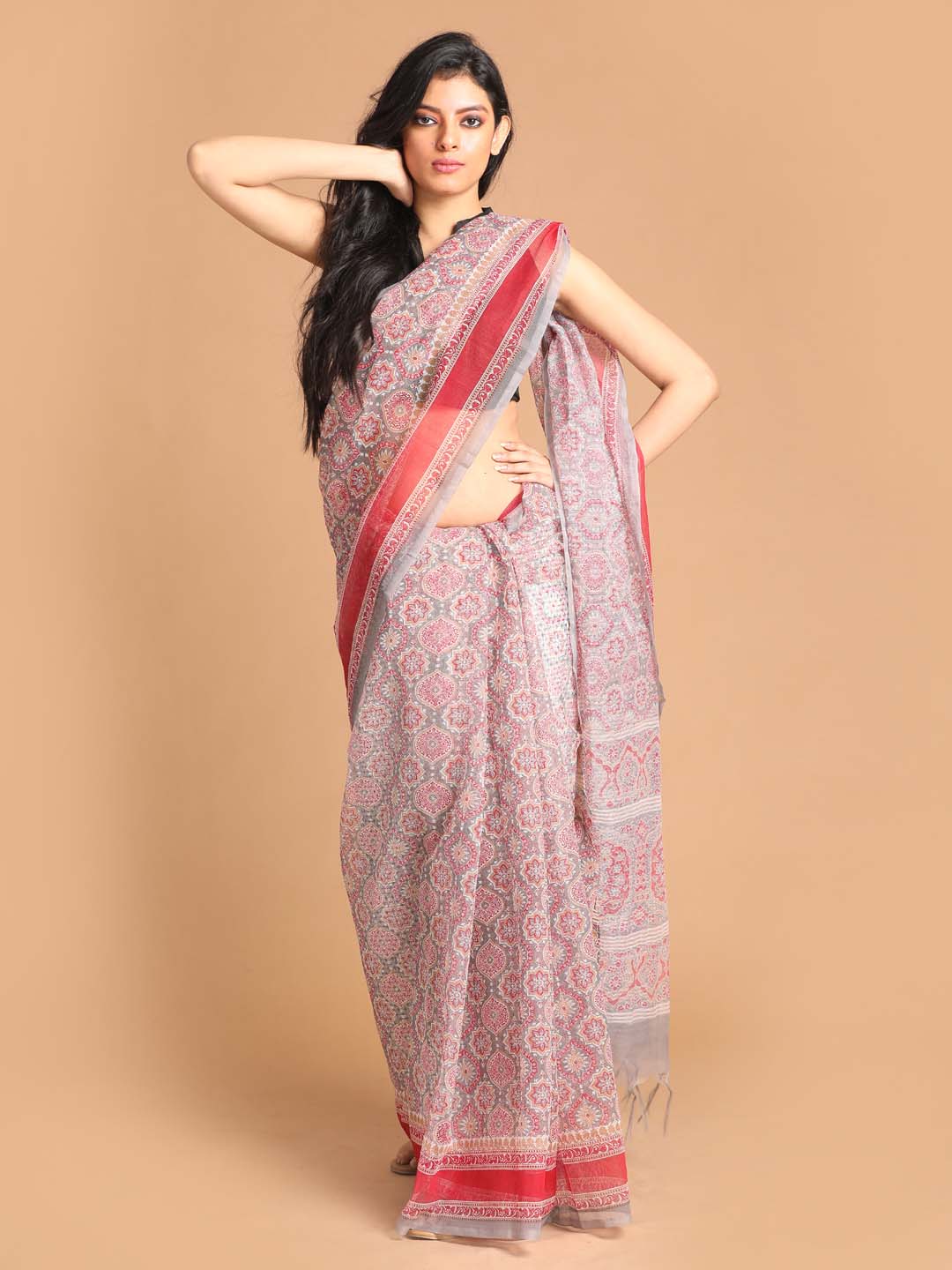 Indethnic Printed Super Net Saree in Grey - View 1