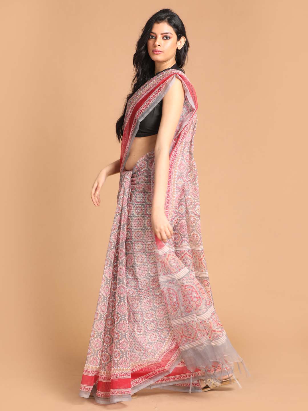 Indethnic Printed Super Net Saree in Grey - View 2