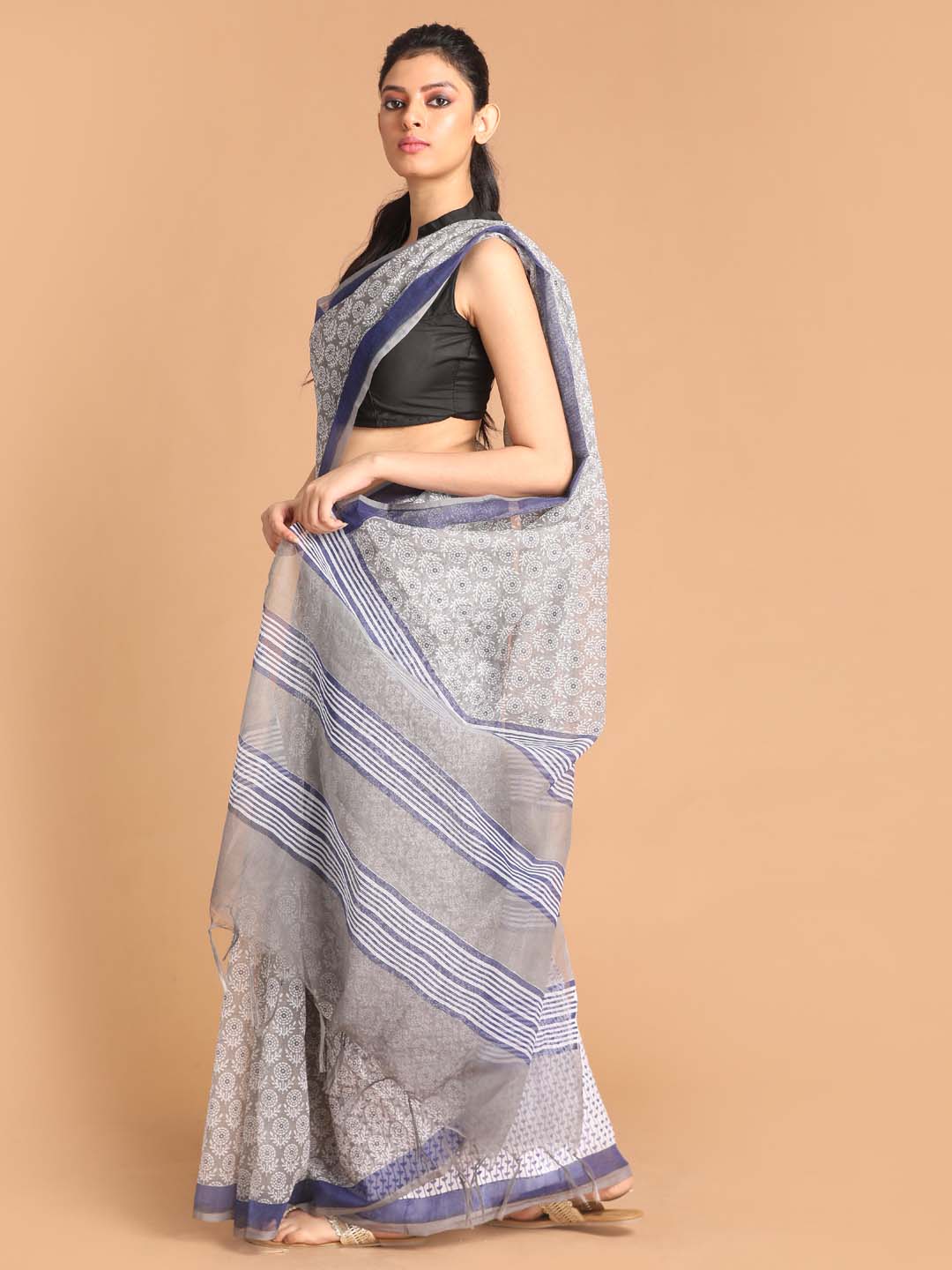 Indethnic Printed Super Net Saree in Grey - View 2