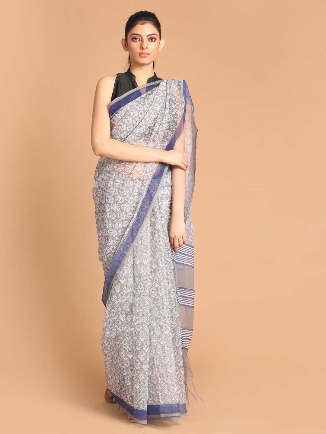 Indethnic Printed Super Net Saree in Grey - View 1