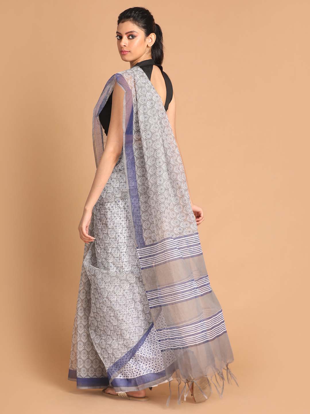 Indethnic Printed Super Net Saree in Grey - View 3