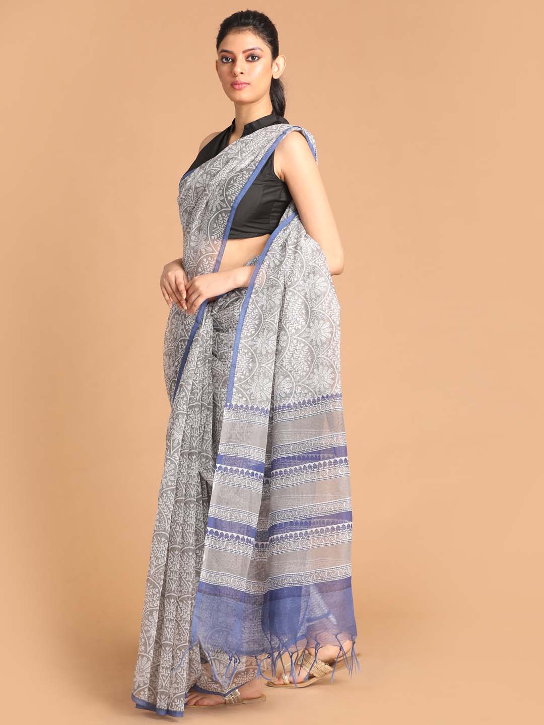 Indethnic Printed Super Net Saree in Grey - View 2