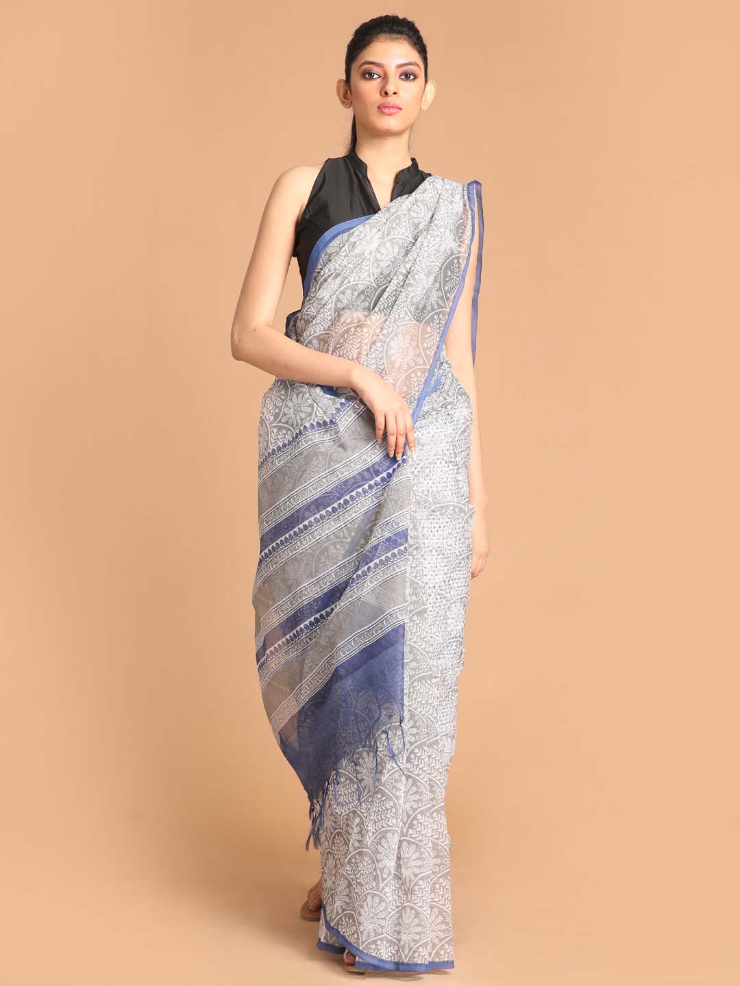 Indethnic Printed Super Net Saree in Grey - View 1