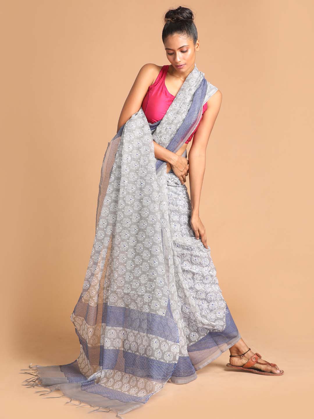 Indethnic Printed Super Net Saree in Grey - View 1