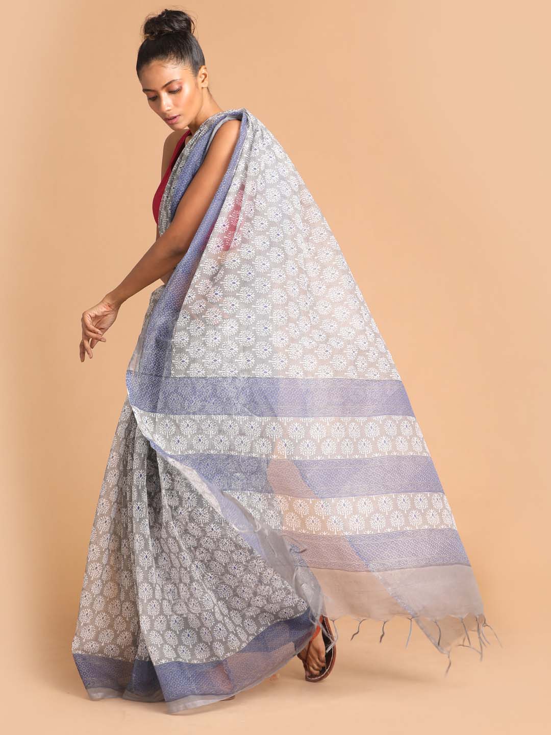 Indethnic Printed Super Net Saree in Grey - View 2