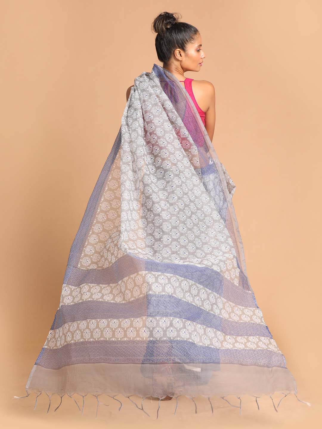 Indethnic Printed Super Net Saree in Grey - View 3